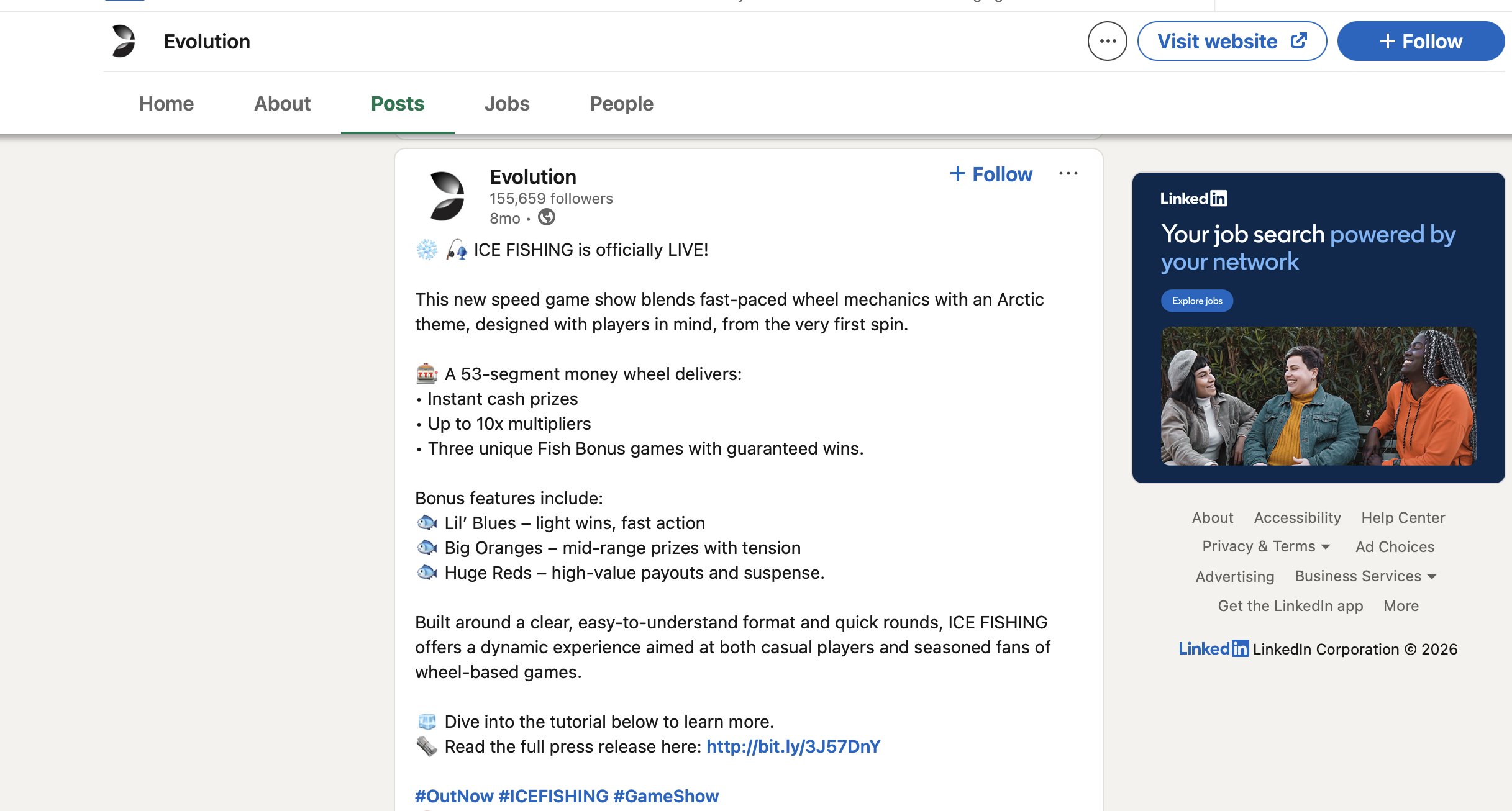 Evolution LinkedIn post announcing the Ice Fishing launch with 53-segment wheel, bonus games, and Arctic theme