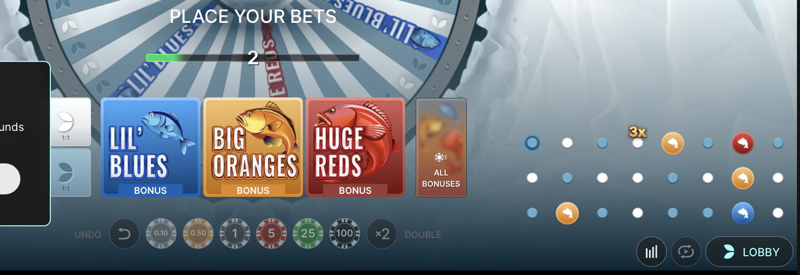 Ice Fishing bet placement interface with Leaf and bonus segments