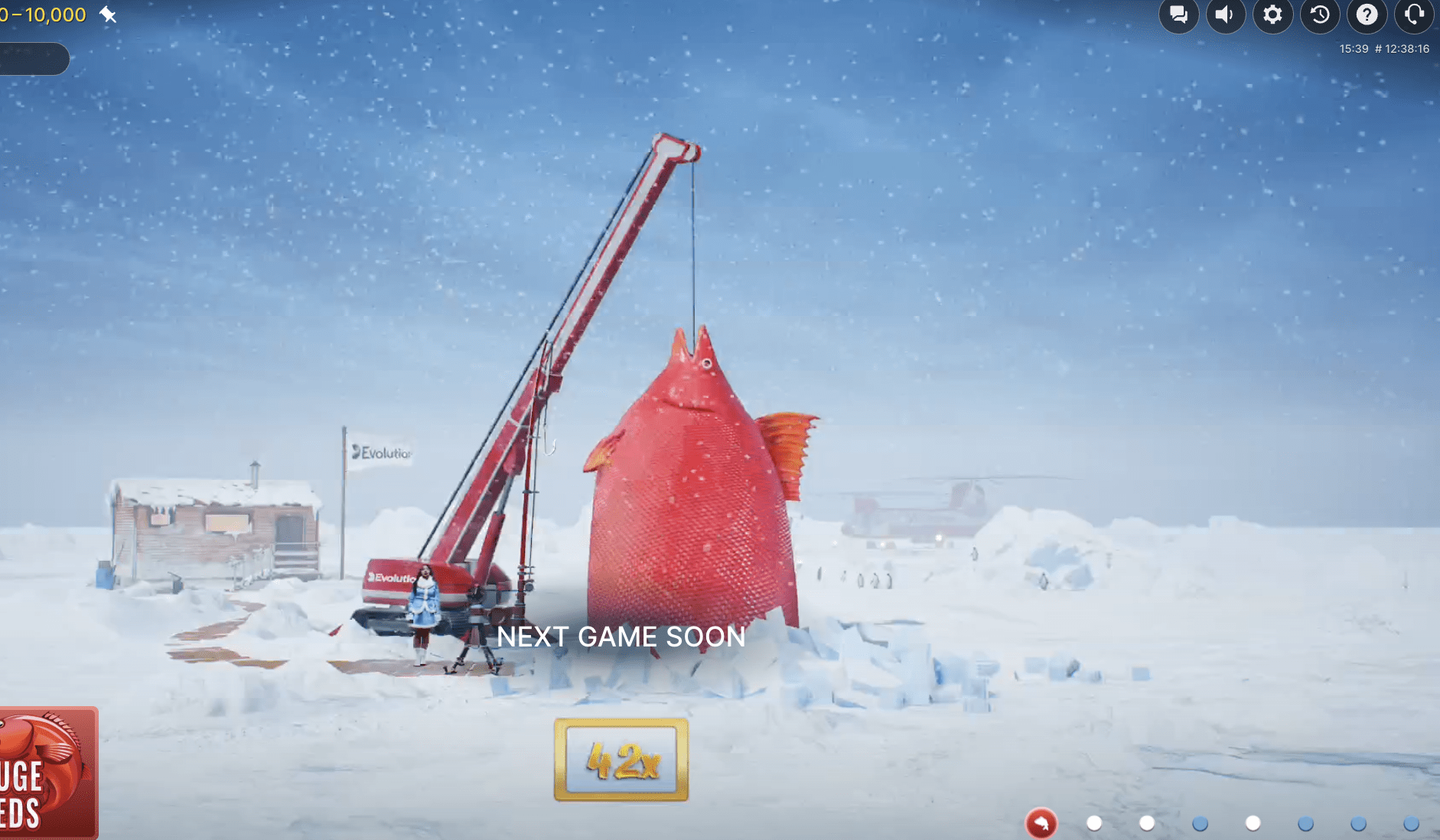 Ice Fishing bonus round with host reeling in a fish