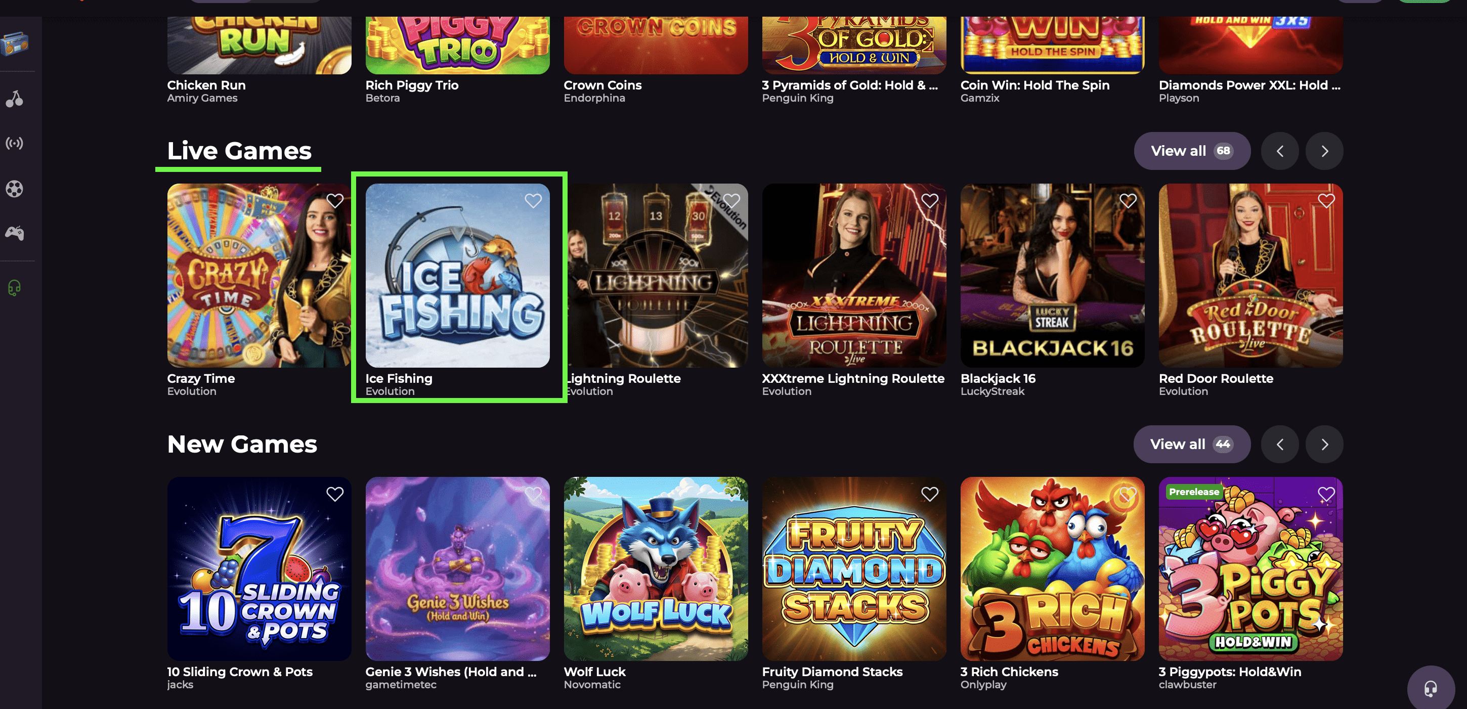 Ice Fishing im Live Games-Bereich eines lizenzierten Online-Casinos, gezeigt unter anderen Evolution-Titeln