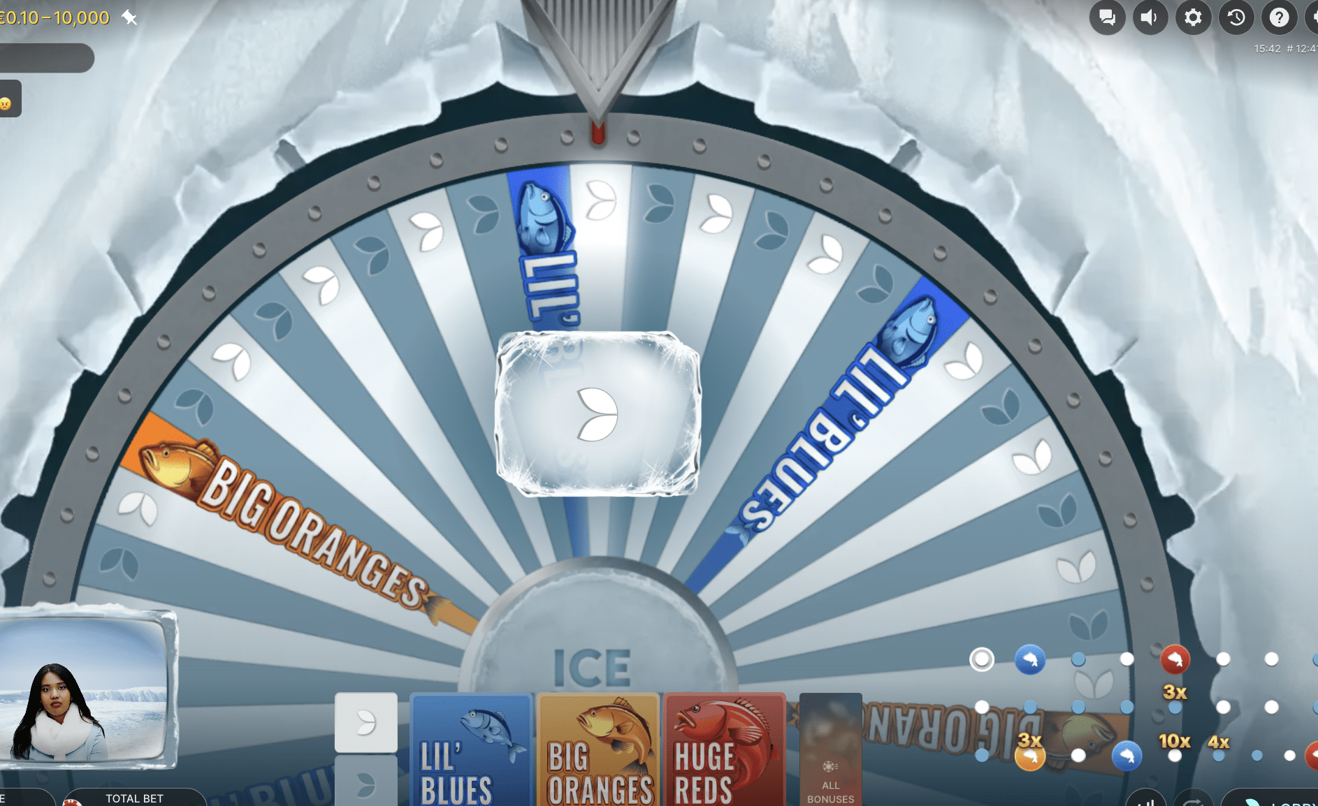 Ice Fishing wheel outcome showing a bonus segment hit