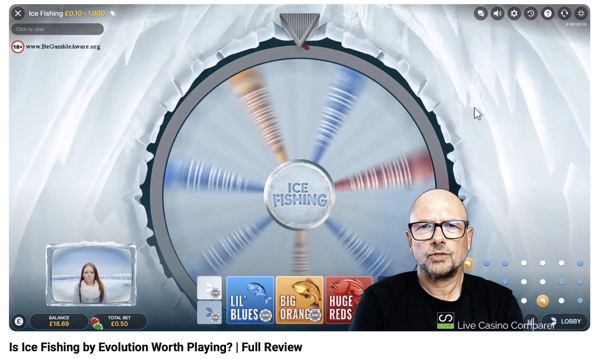 Ice Fishing main game screen with wheel and live host