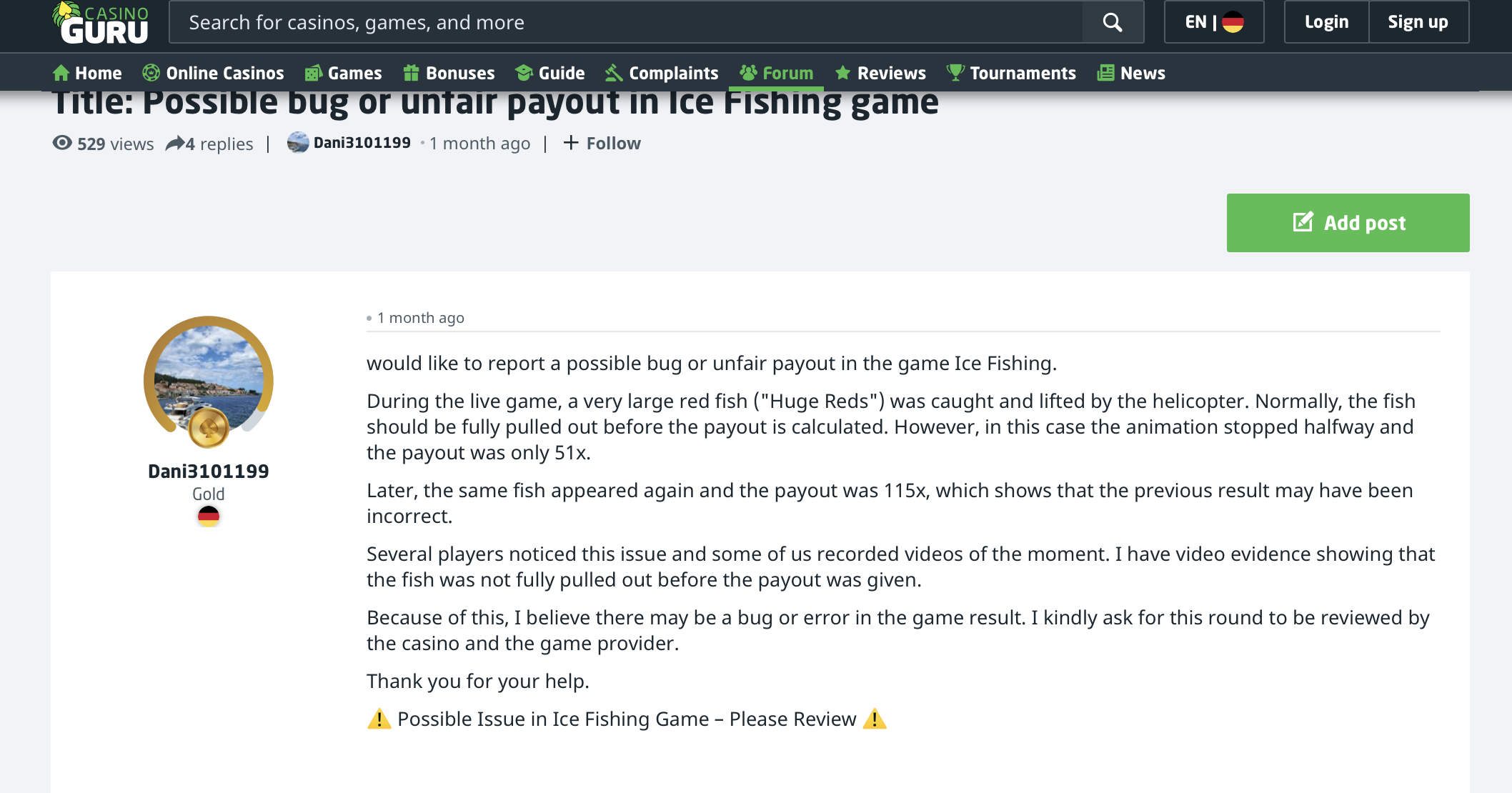 Casino.guru forum post reporting possible bug or unfair payout in Ice Fishing