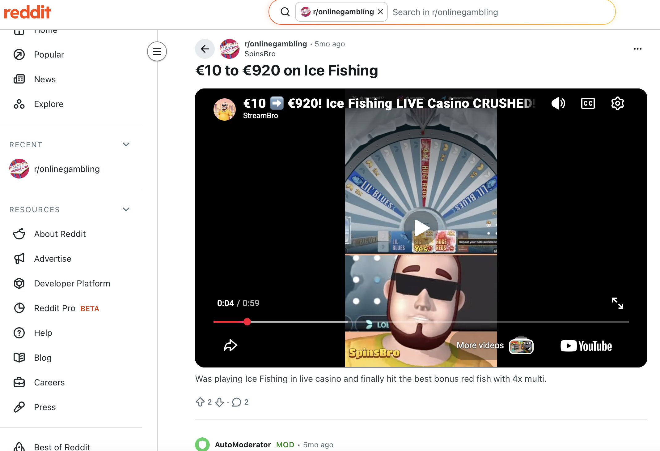 Reddit r/onlinegambling post €10 to €920 on Ice Fishing