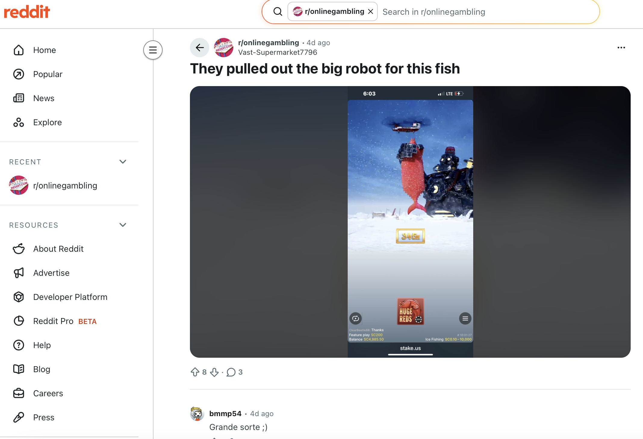 Reddit r/onlinegambling post They pulled out the big robot for this fish — Huge Reds 345x win