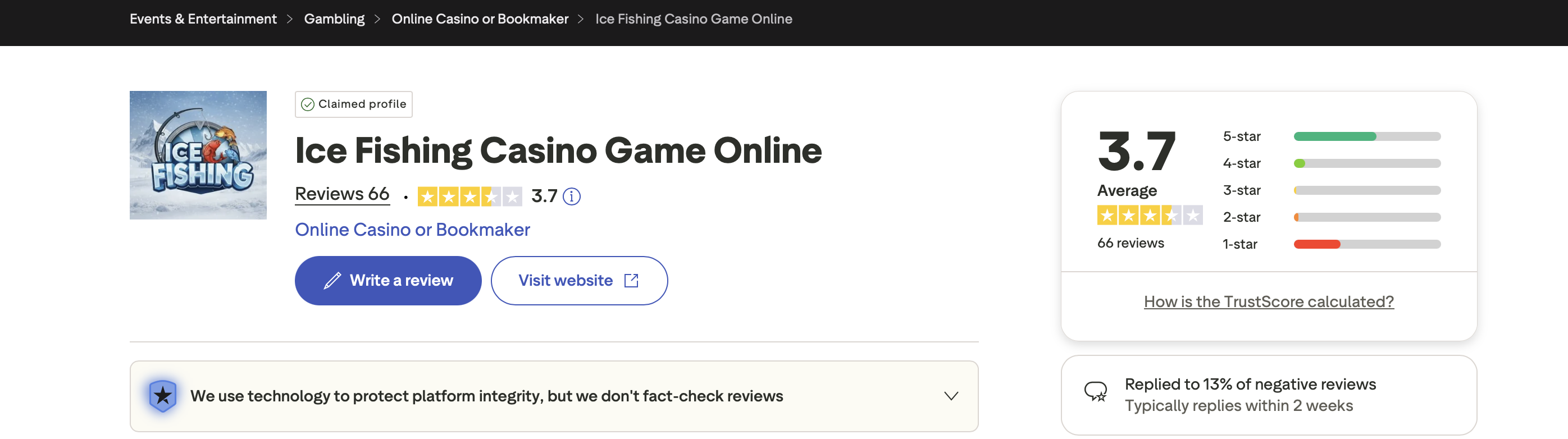 Trustpilot Ice Fishing Casino Game Online profile showing 3.7 out of 5 rating