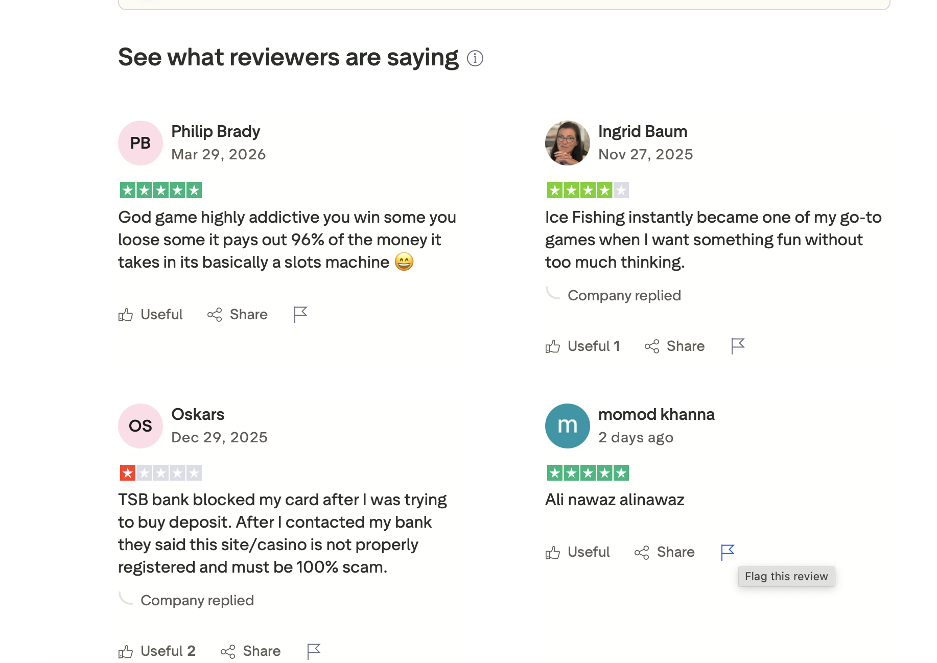 Sample Trustpilot reviews for Ice Fishing — ratings from 1 star to 5 stars