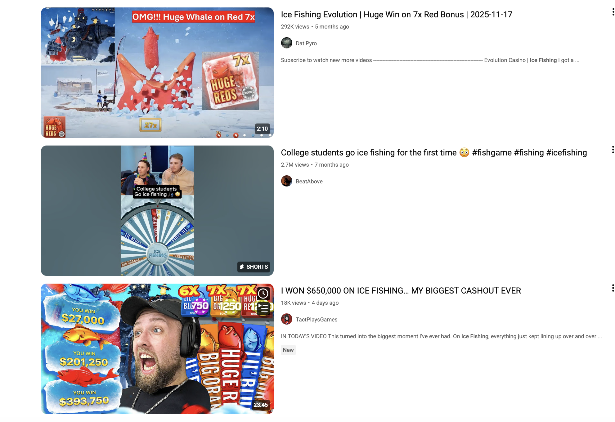 YouTube search results showing Ice Fishing videos from Dat Pyro, BeatAbove, and TactPlaysGames